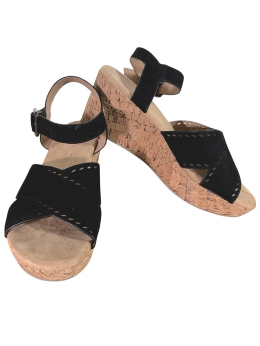 Pesaro Italy Ellie Cork Wedge Sandals in Black, Sz 10